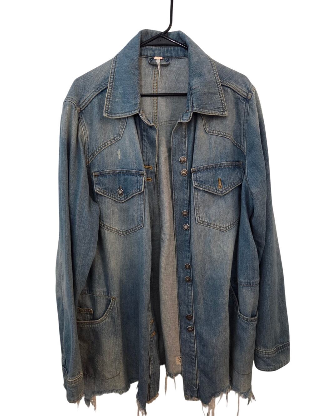 Free People Women's Denim Jean Jacket Shirt Distressed Size Large L